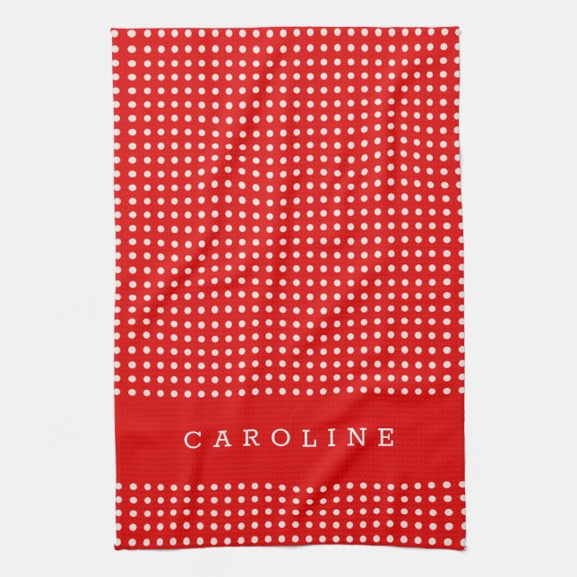Red and White Polka Dot Pattern Personalized Name Kitchen Towel (Vertical)