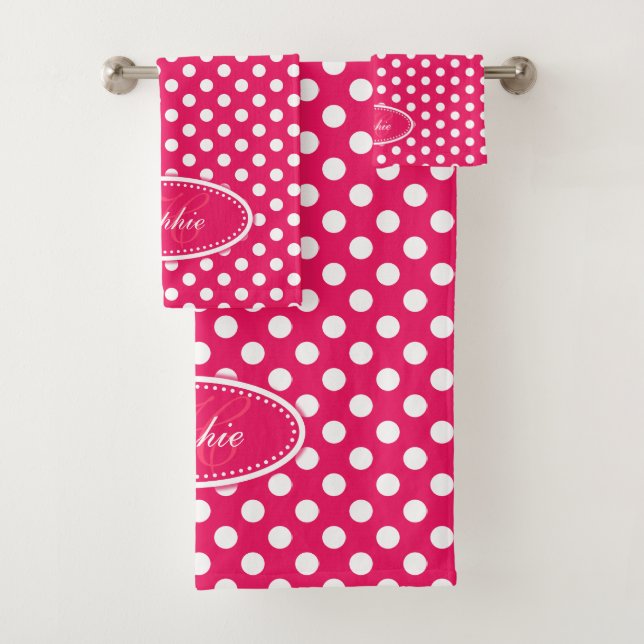 Red and white polka dot personalized towels (Insitu)