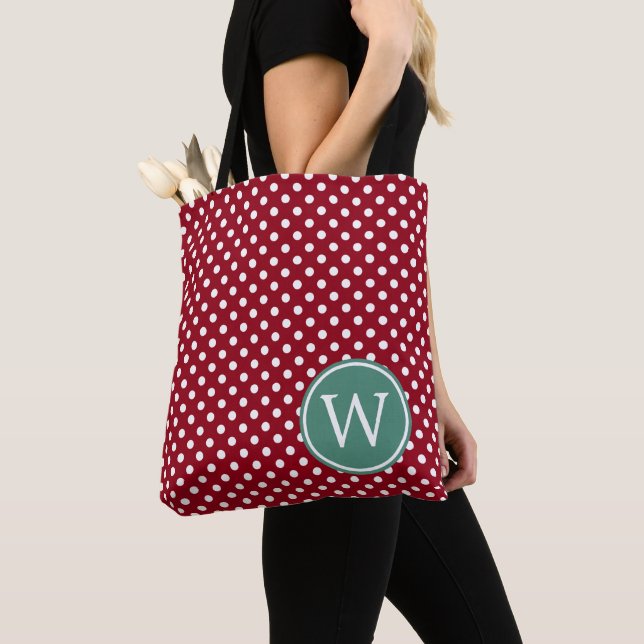 Red and White Polka Dot With Deep Teal Monogram Tote Bag (Close Up)