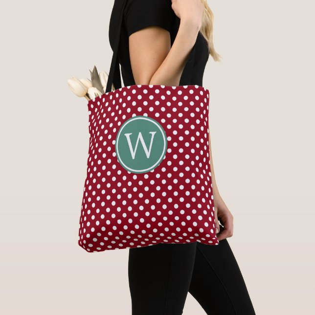 Red and White Polka Dot With Deep Teal Monogram Tote Bag (Close Up)
