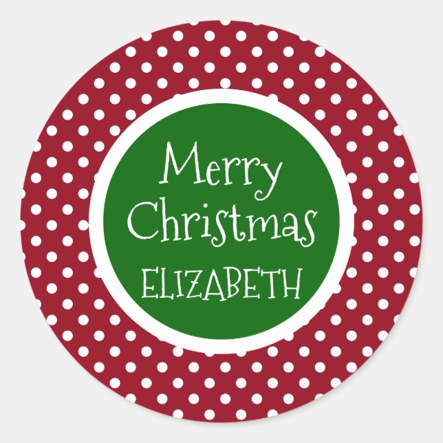Red and White Polka Dot With Green Personalized Classic Round Sticker (Front)