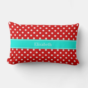 Red and White Polka Dots Brt Aqua Name Monogram Lumbar Pillow