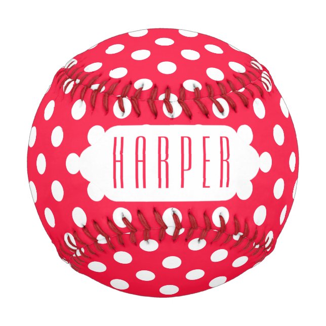 Red and white polka dots custom baseball (Front)