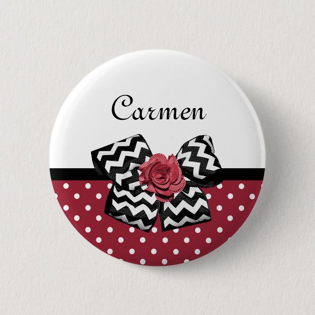 Red and White Polka Dots Cute Rose Chevron Bow 2 Inch Round Button (Front)