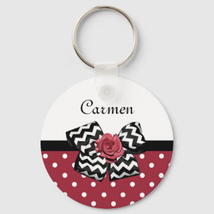 Red and White Polka Dots Cute Rose Chevron Bow Keychain