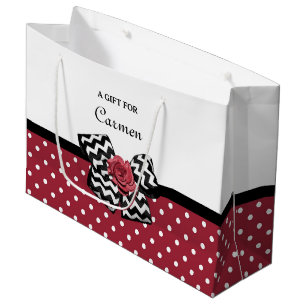 Red and White Polka Dots Cute Rose Chevron Bow Large Gift Bag