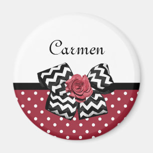 Red and White Polka Dots Cute Rose Chevron Bow Magnet