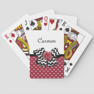 Red and White Polka Dots Cute Rose Chevron Bow Playing Cards