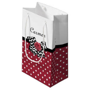 Red and White Polka Dots Cute Rose Chevron Bow Small Gift Bag