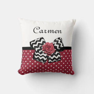 Red and White Polka Dots Cute Rose Chevron Bow Throw Pillow