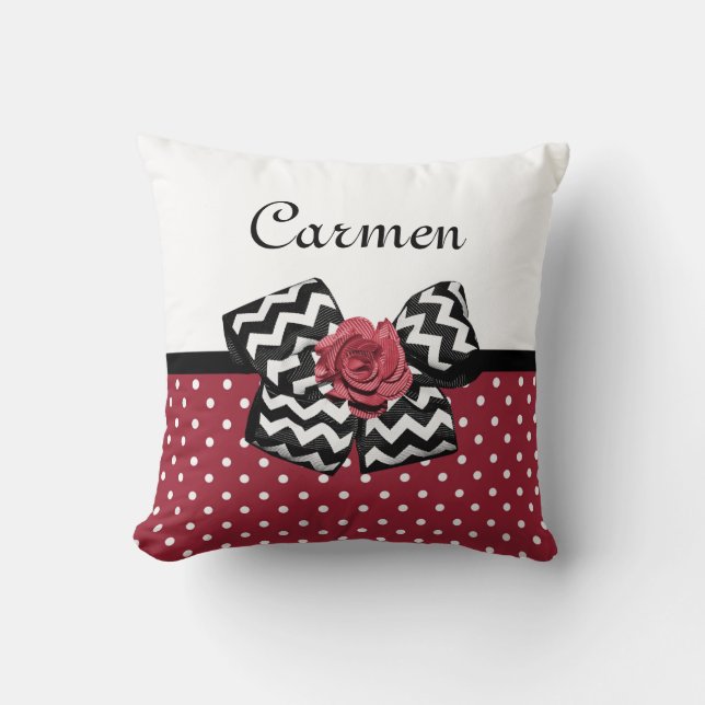 Red and White Polka Dots Cute Rose Chevron Bow Throw Pillow (Front)