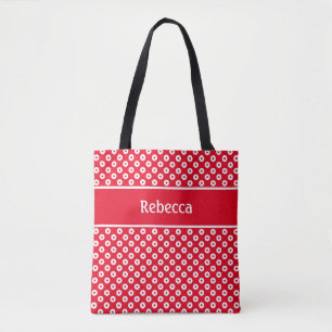 Red and White Polka-Dotted Bag with Name Stripe