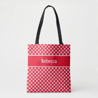 Red and White Polka-Dotted Bag with Name Stripe