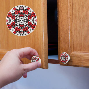 Red and White Poppies on Black Ceramic Knob