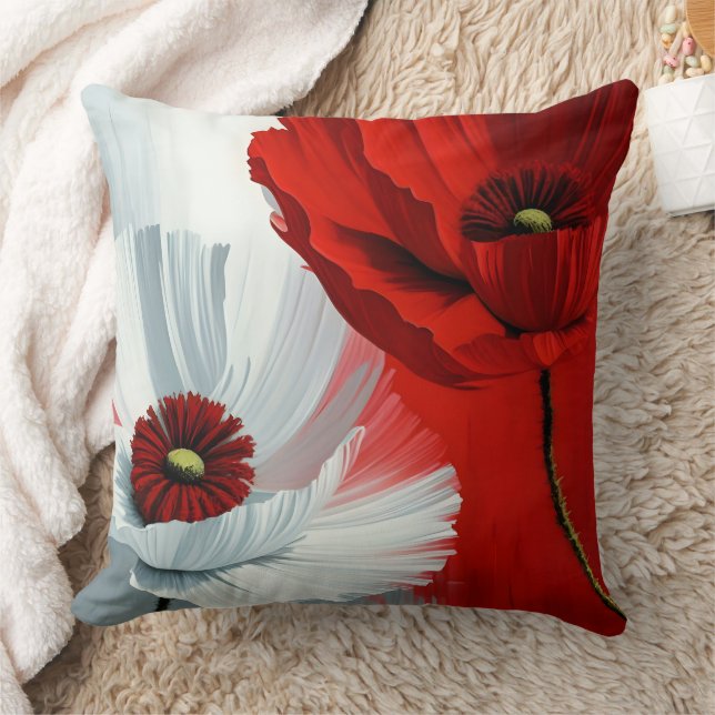 Red and White Poppies Throw Pillow (Blanket)