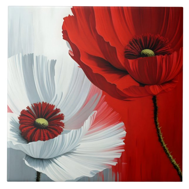 Red and White Poppies Tile (Front)