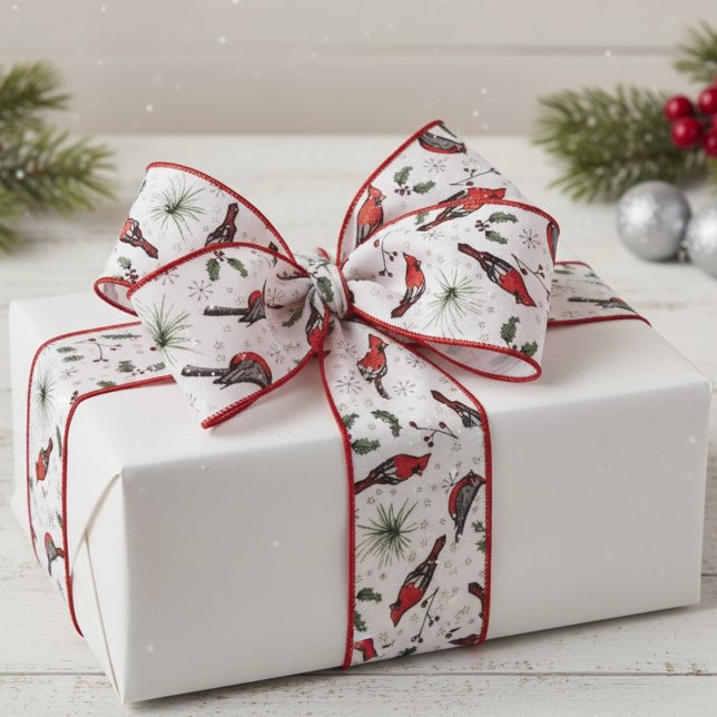 Red and White Red Cardinal Birds and Holly Pattern Grosgrain Ribbon (Modern Red Cardinal Bird Xmas Ribbon. Rustic Cardinal Bird, Holly Berries, Snowflakes Nature Pattern)