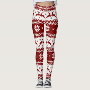 Red and White Reindeer and Snowflakes Christmas Leggings