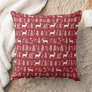 Red and White Reindeer Christmas pattern  Throw Pillow