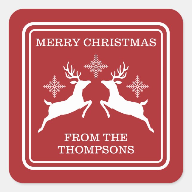 Red And White Reindeers And Snowflakes Christmas Square Sticker (Front)