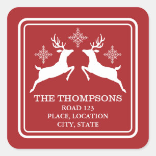 Red And White Reindeers With Snowflakes And Text Square Sticker