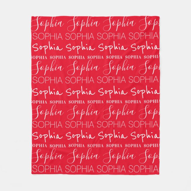 Red and White Repeating Personalized Name  Fleece Blanket (Front)
