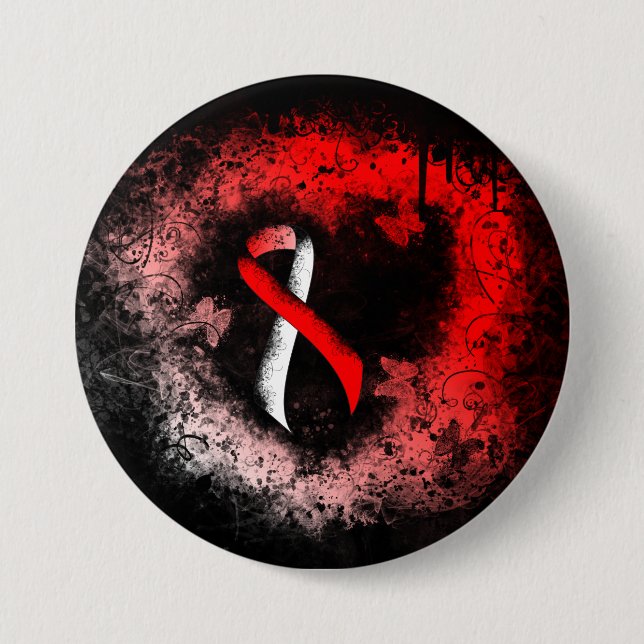 Red and White Ribbon Grunge Heart 3 Inch Round Button (Front)