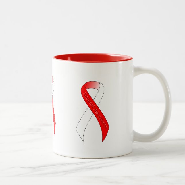 Red and White Ribbon Support Awareness Two-Tone Coffee Mug (Right)
