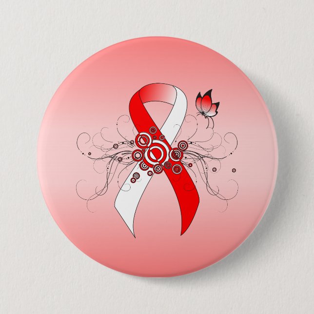 Red and White Ribbon with Butterfly 3 Inch Round Button (Front)