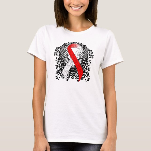 Red and White Ribbon with Wings T-Shirt (Front)