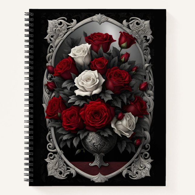 Red and White Rose Bouquet Goth Notebook (Front)