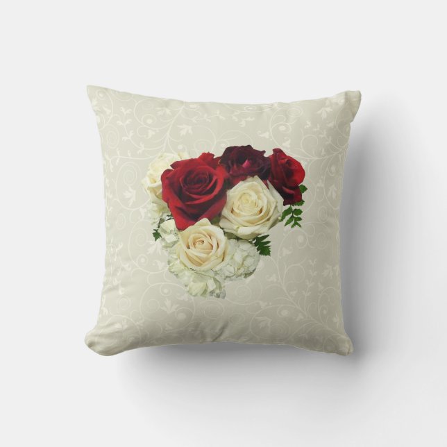 Red and White Rose Heart Throw Pillow (Front)