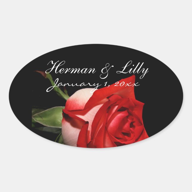 Red and White Rose Personalized Wedding Oval Sticker (Front)