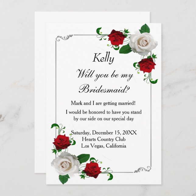 Red And White Roses Christmas Wedding Bridesmaid Invitation (Front/Back)