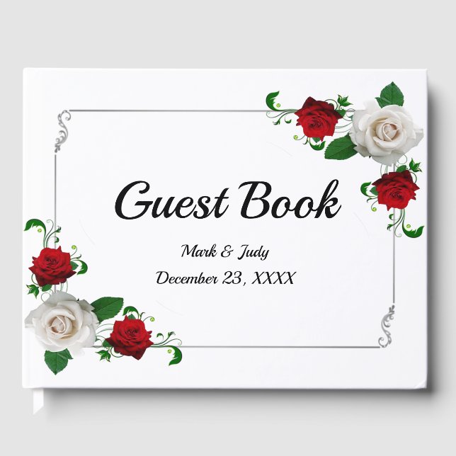Red And White Roses Christmas Wedding Guest Book (Front)