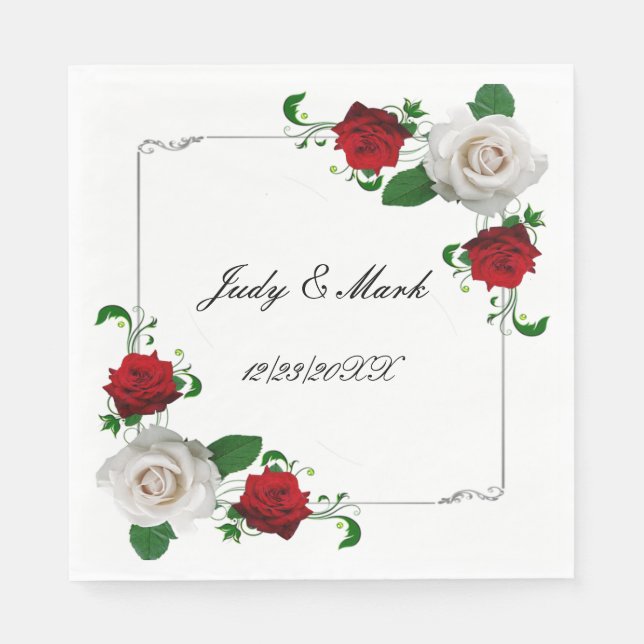Red And White Roses Christmas Wedding Napkin (Front)