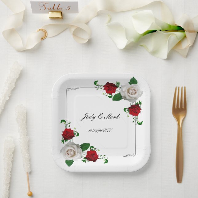 Red And White Roses Christmas Wedding Paper Plate (Wedding)