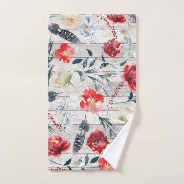 Red And White Roses Feathers Wood Pattern Hand Towel (Hand Towel)