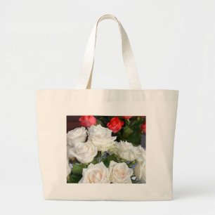 Red and white roses floral arrangement large tote bag