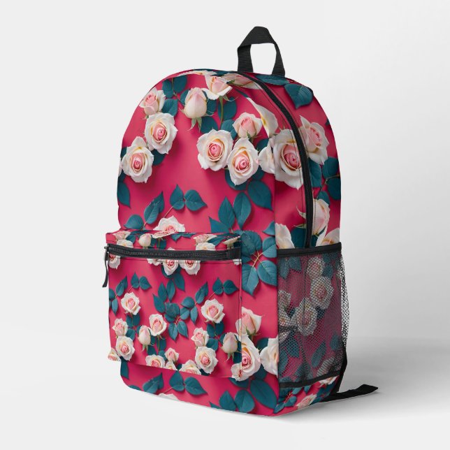Red And White Roses  Printed Backpack (Back Corner Right)
