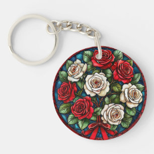 Red And White Roses With Intricate Details Keychain