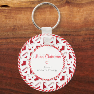 Red and White Santa Hats And Candy Canes Keychain