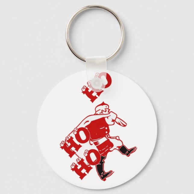 Red and White Santa Walking Ho Ho Ho Art Print Keychain (Front)