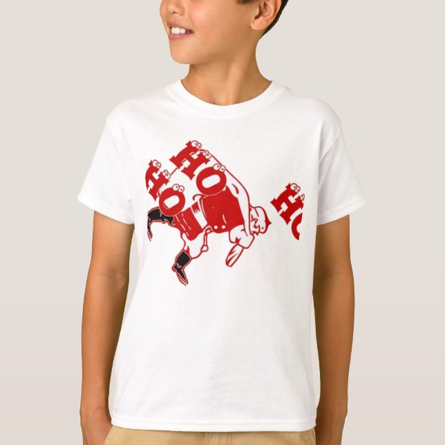 Red and White Santa Walking Ho Ho Ho Art Print T-Shirt (Front)