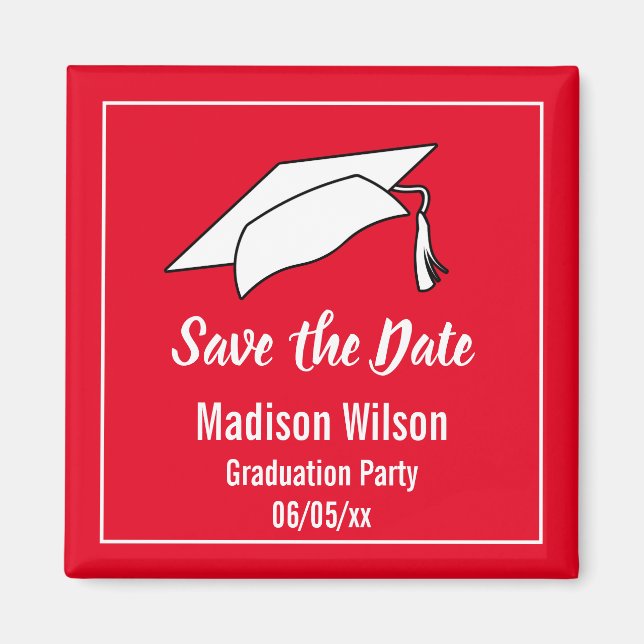 Red and White Save the Date Graduation Party Magnet (Front)