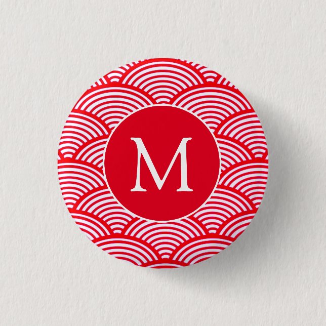 Red and White Scallop Pattern Monogram 1 Inch Round Button (Front)