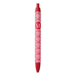 Red and White Scallop Pattern Monogram Black Ink Pen