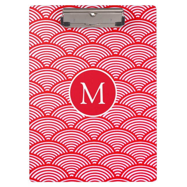 Red and White Scallop Pattern Monogram Clipboard (Front)