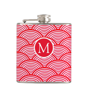 Red and White Scallop Pattern Monogram Hip Flask