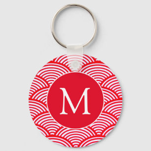 Red and White Scallop Pattern Monogram Keychain
